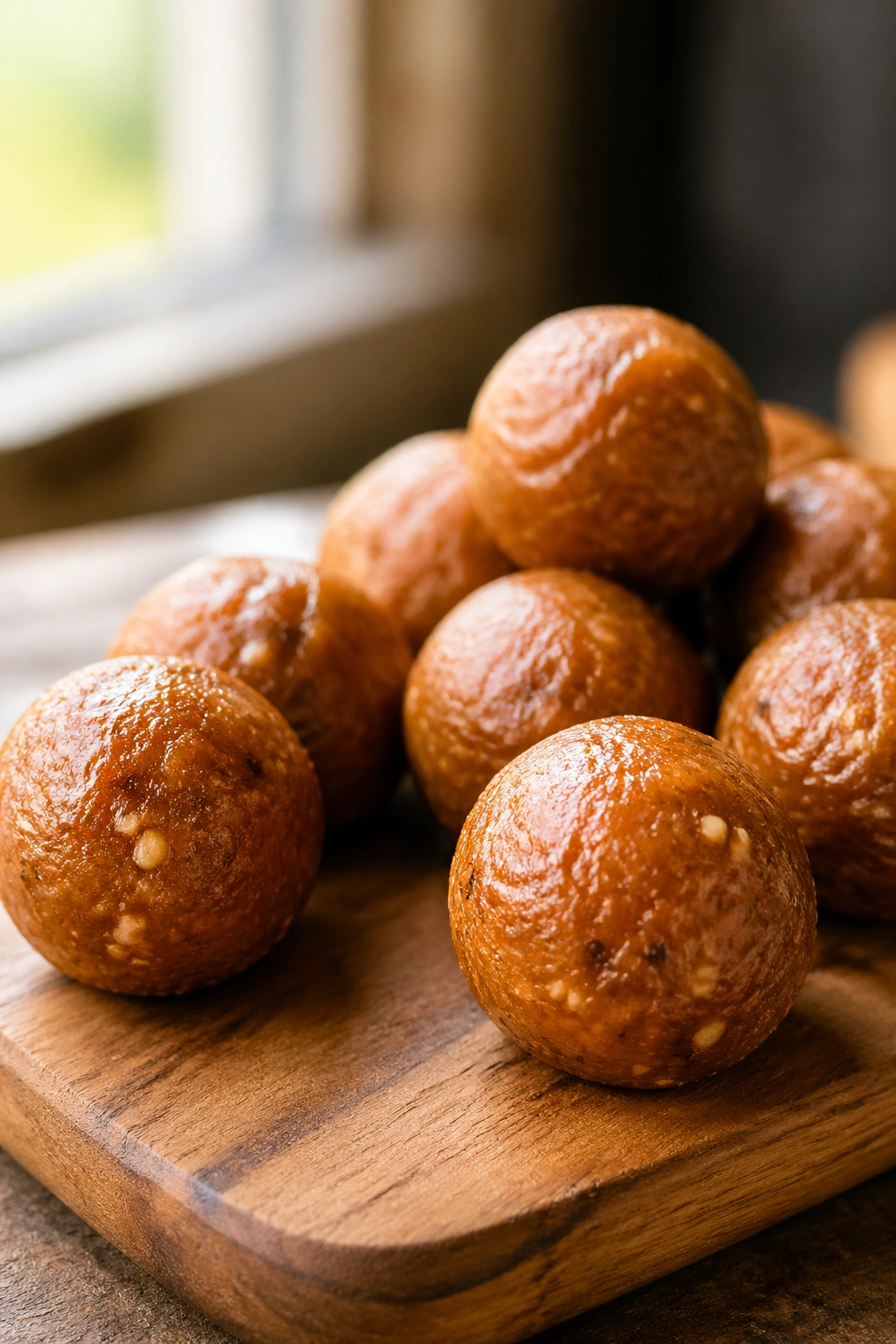 Close-up of maple-sweet potato protein balls on a wooden board