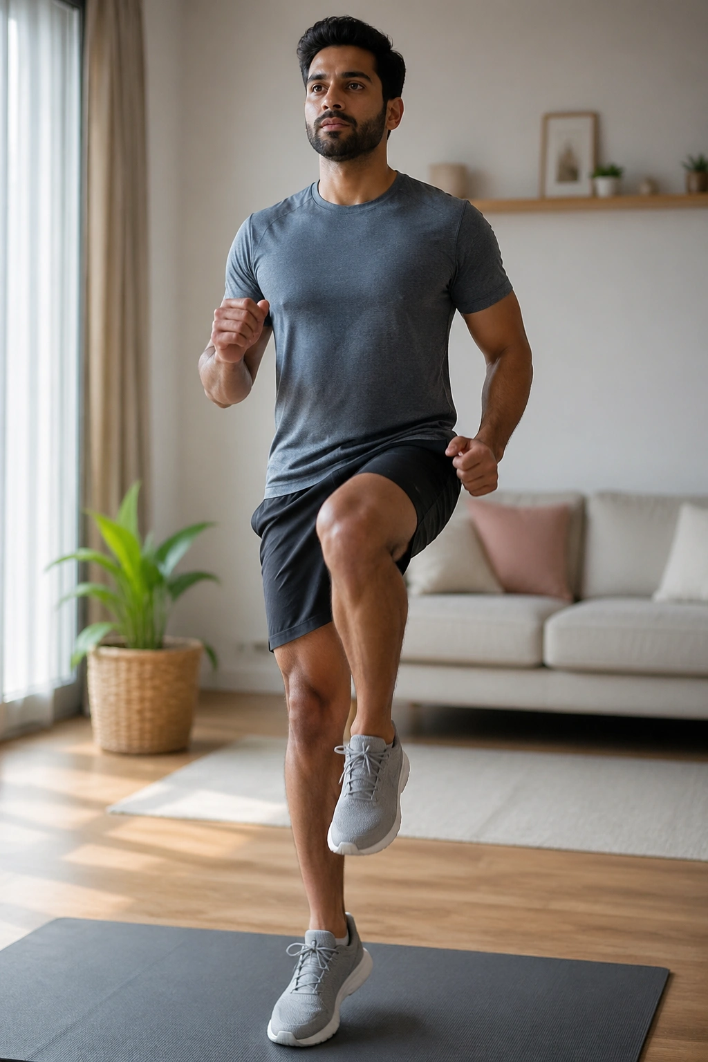 Person marching in place on a mat to reset after a workout