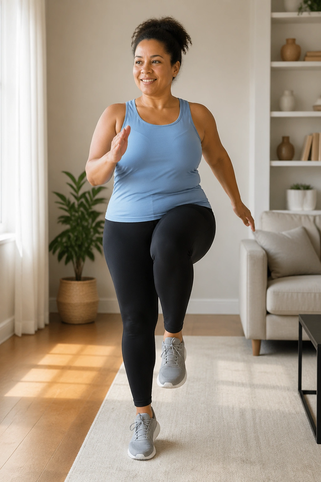 Person marching in place with arm swings in a home setting