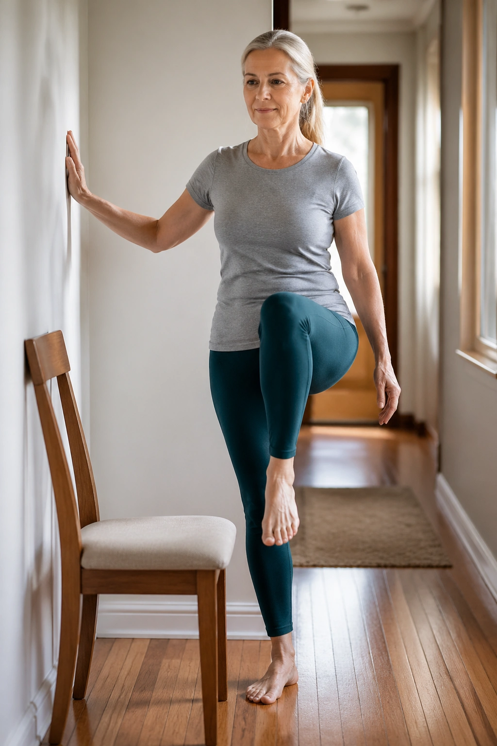 Mid-shot of a person marching in place with wall support in a bright hallway