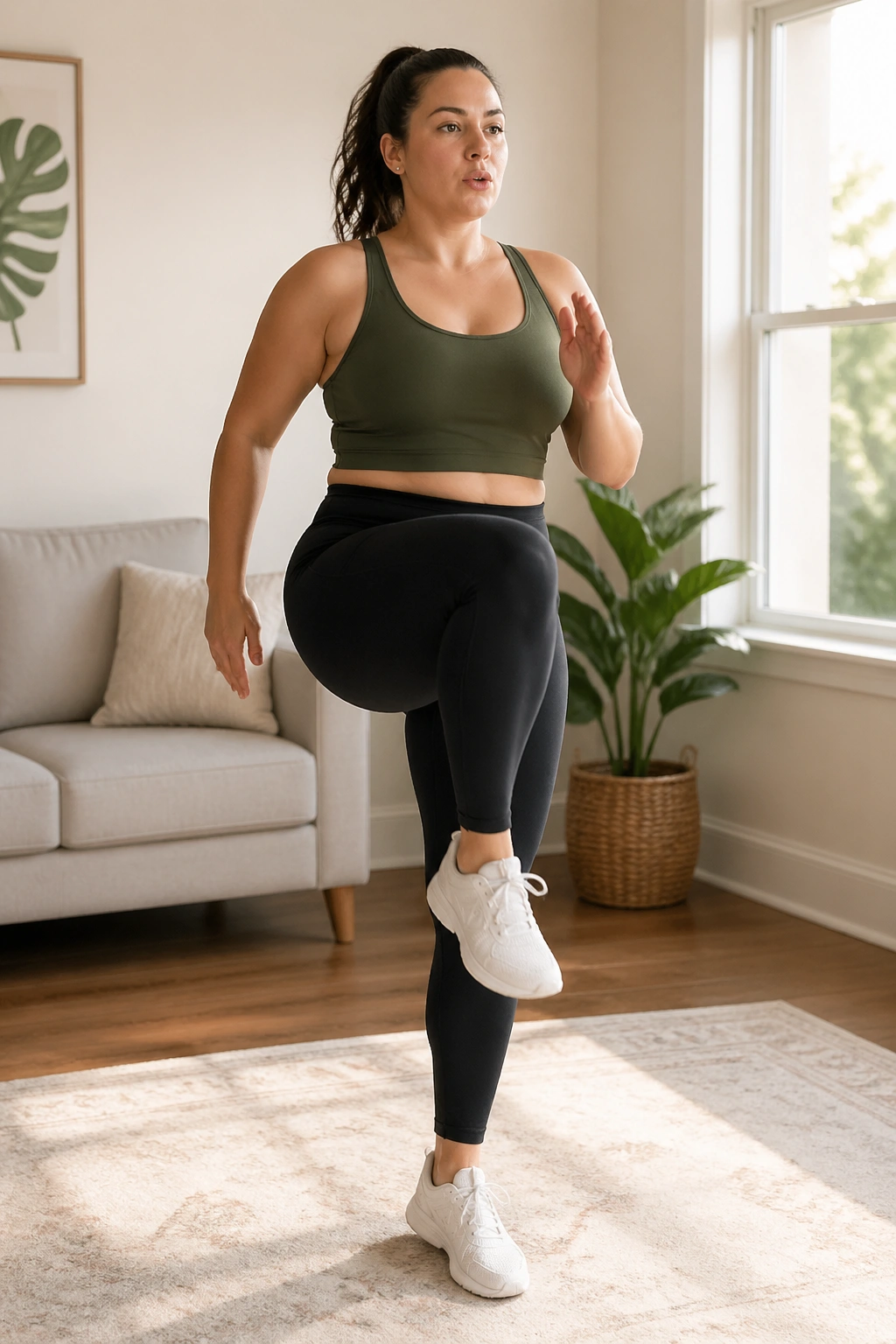 Woman marching in place in a bright living room