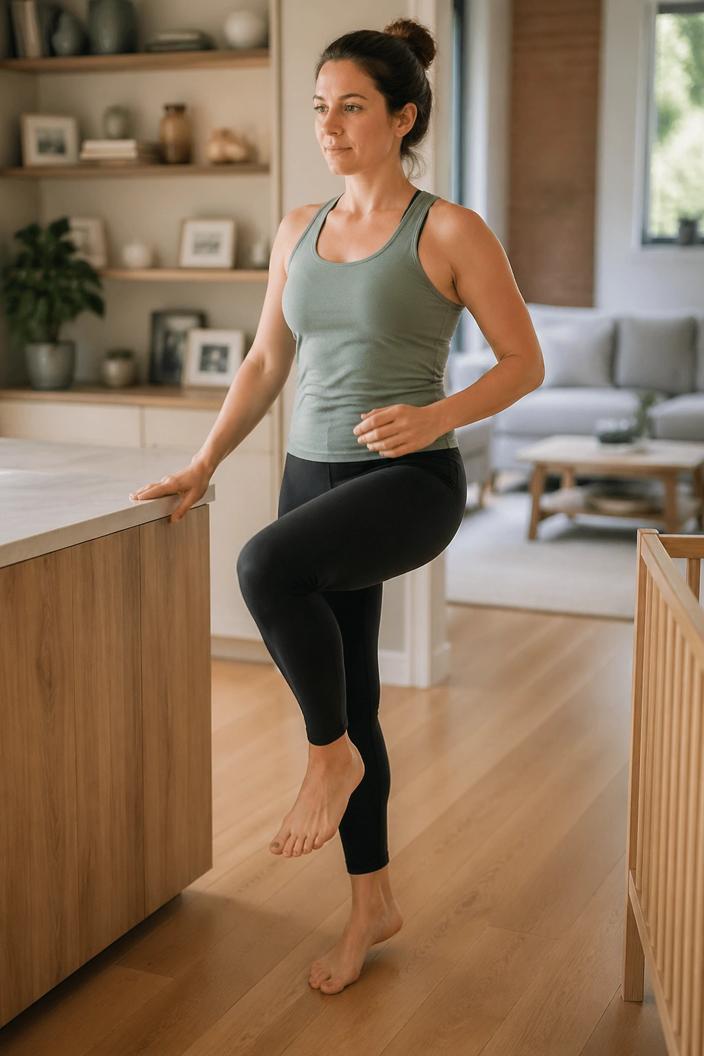 Mid-shot of a real person marching in place while holding a counter in a sunlit room.