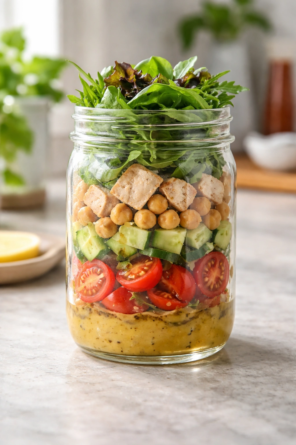 Layered mason jar salad with dressing at the bottom