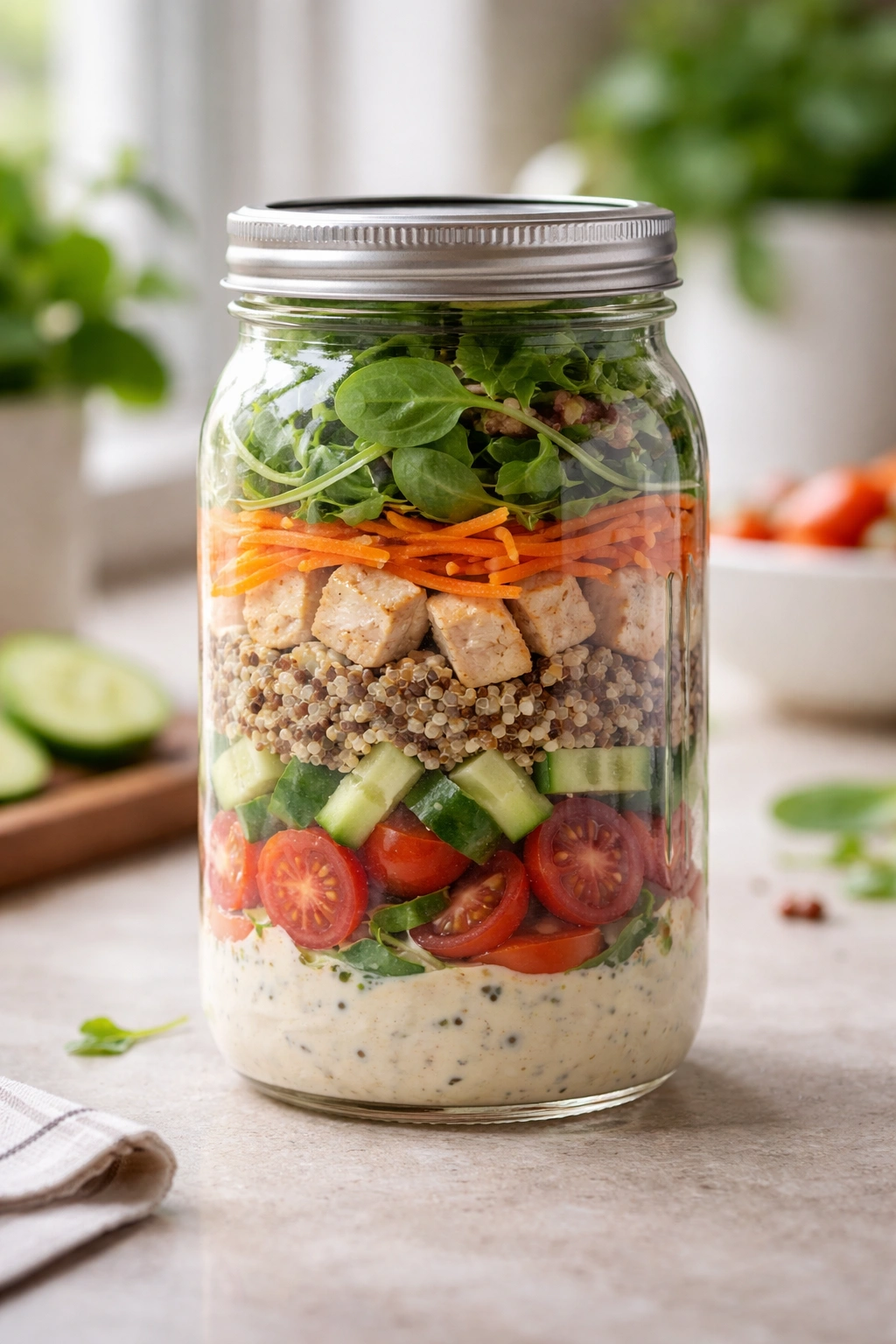 Mason jar layered salad ready for lunch