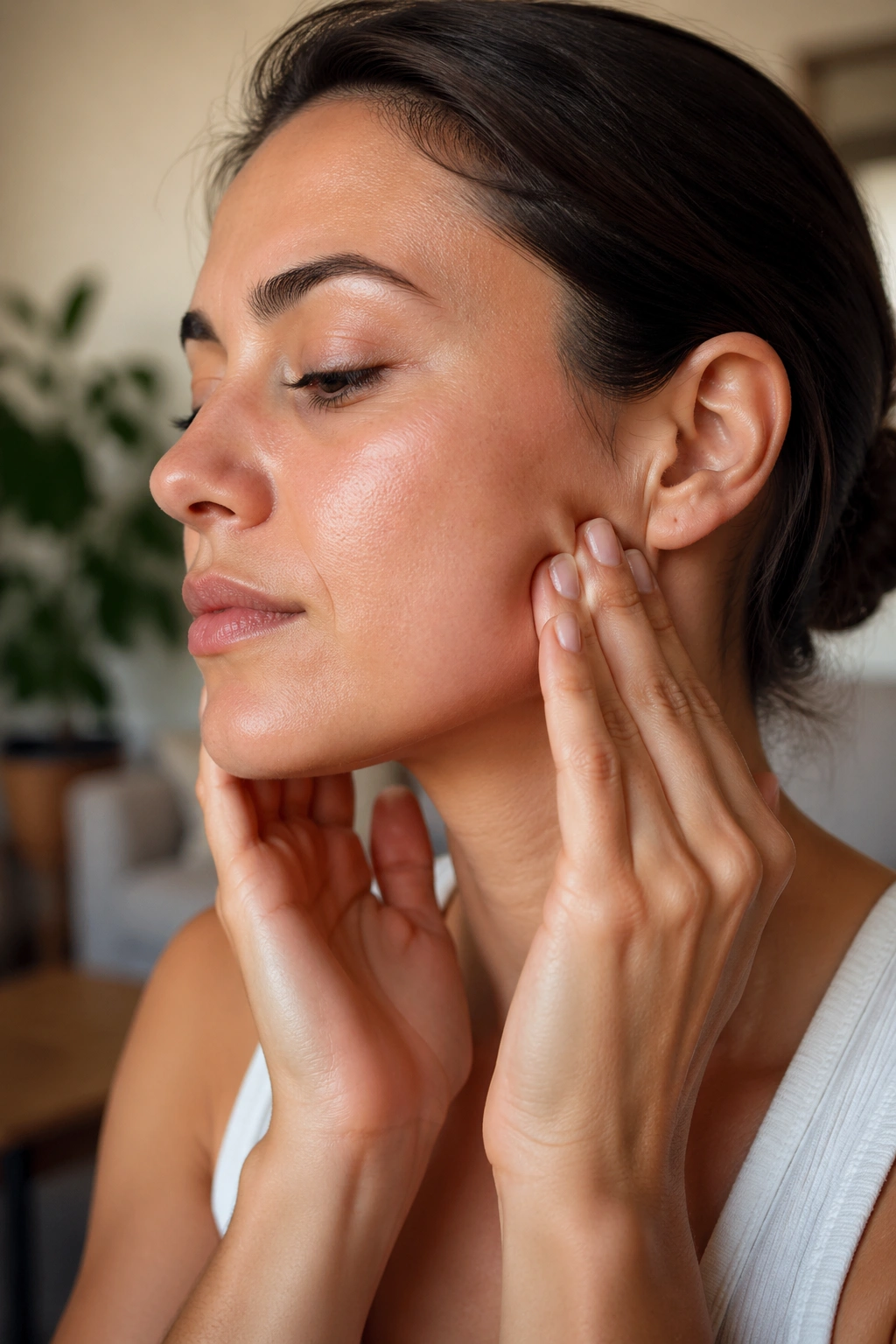 Close-up of masseter massage being performed on a real person.