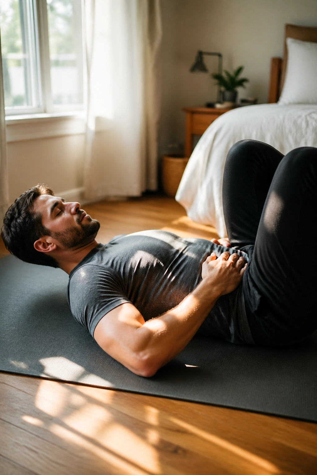 Close-up of a person performing 90/90 breathing on a yoga mat in a sunlit home bedroom
