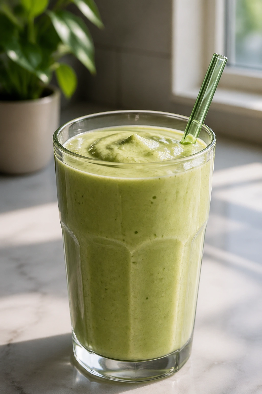 Close-up of green matcha avocado recovery smoothie in glass