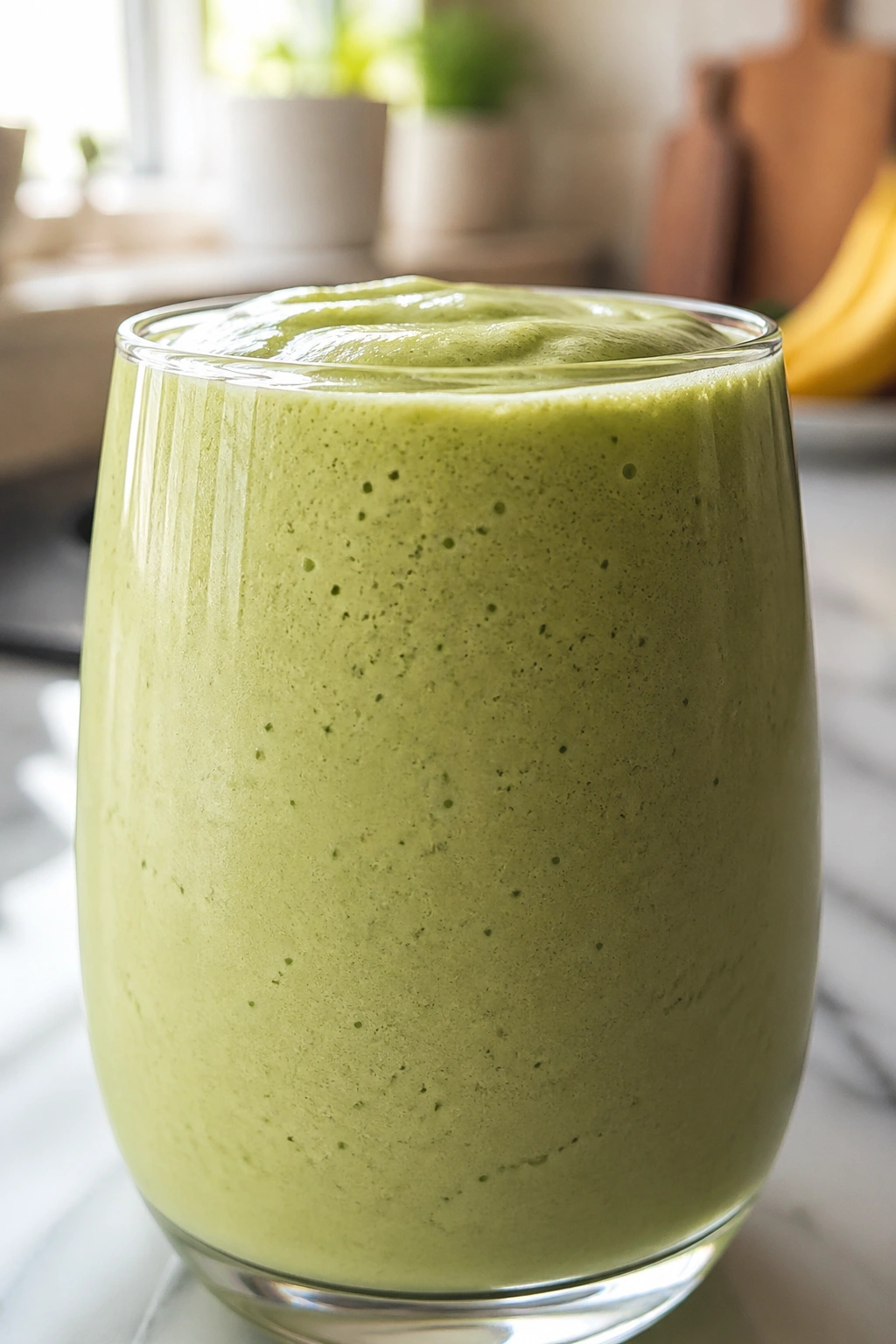 Close-up matcha banana soy recovery shake in glass