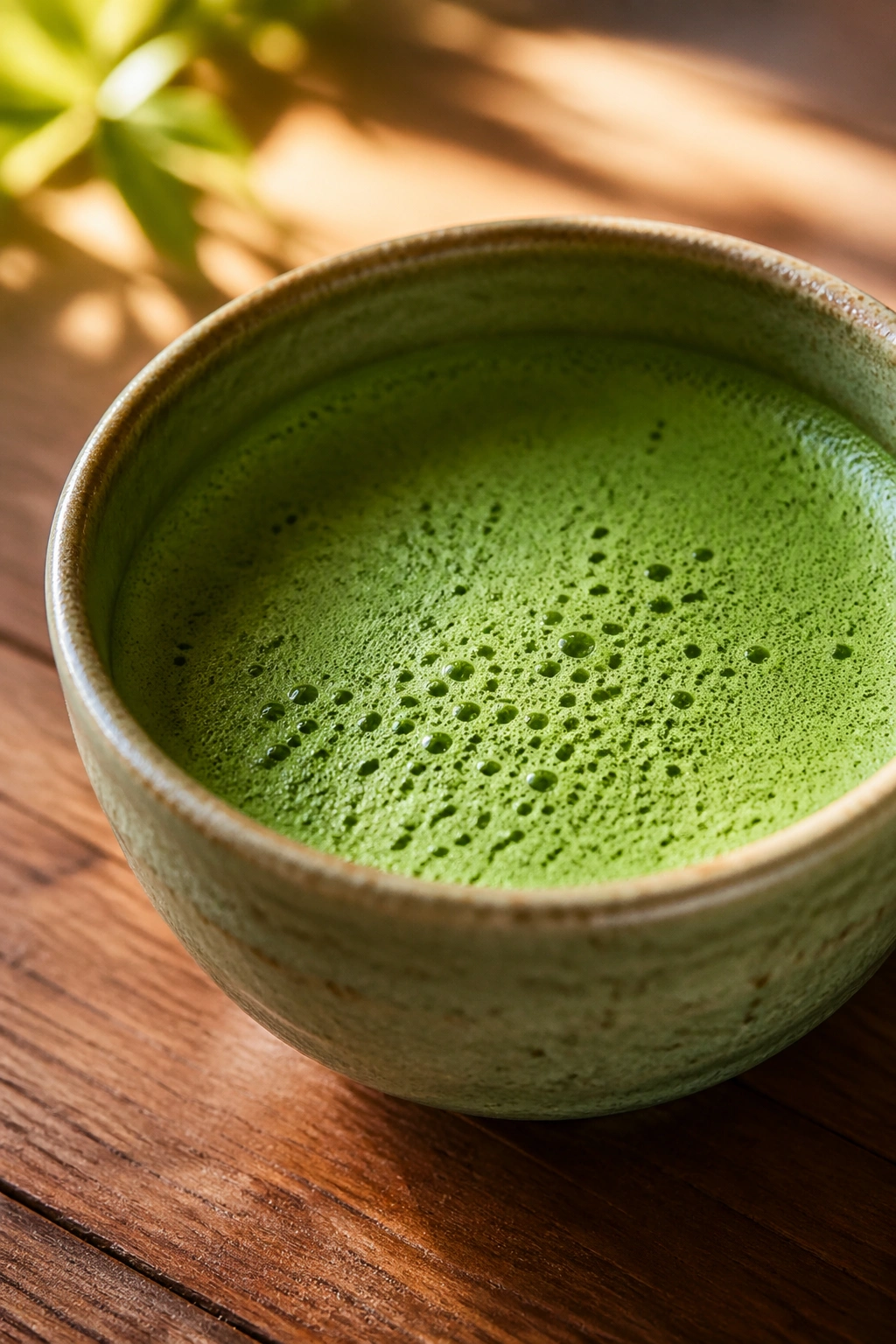 Vibrant matcha tea in a bowl on a wooden table in morning light.