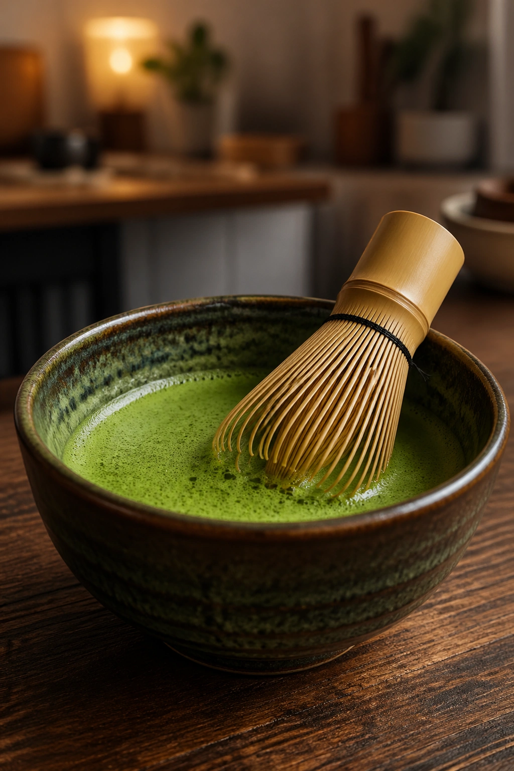 Vibrant matcha bowl with whisk in a cozy kitchen