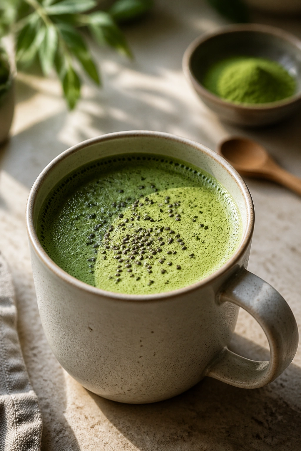 Close-up of a green matcha chia latte in a ceramic mug on a countertop