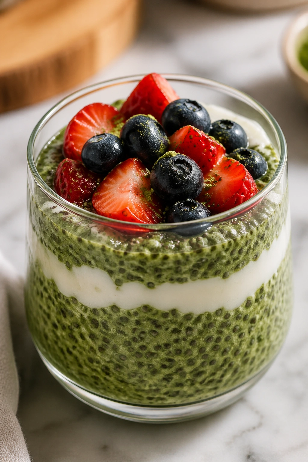 Matcha chia pudding cup topped with berries