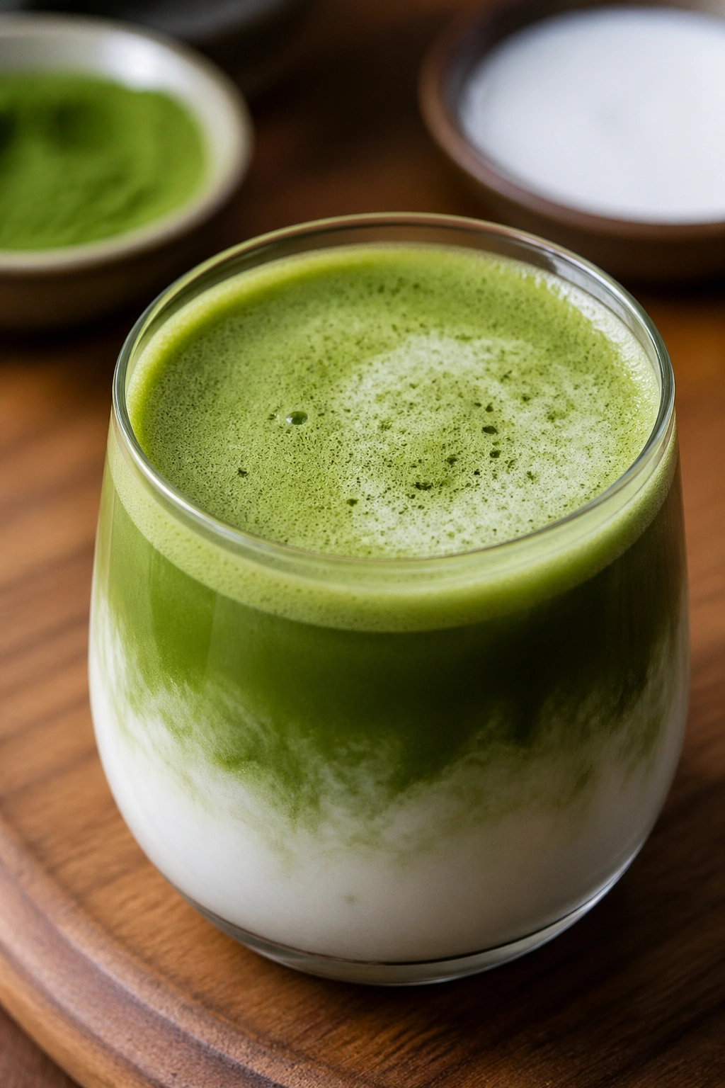 Matcha and coconut milk beverage in a frothy cup