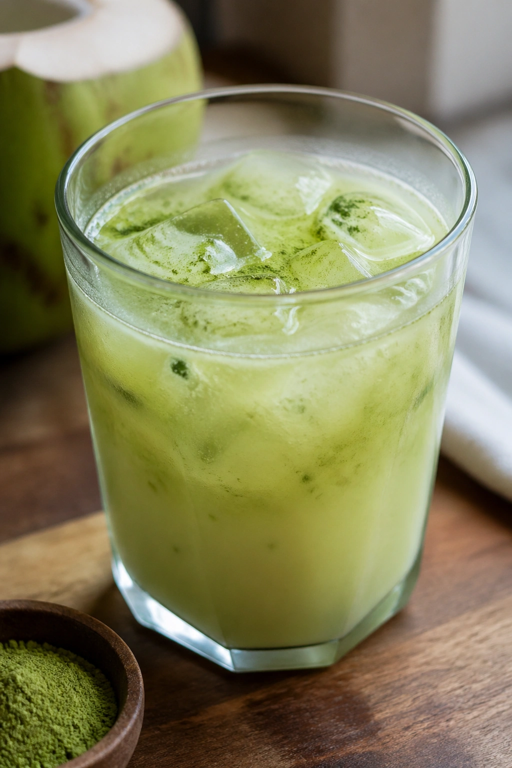 Close-up of pale green matcha coconut water in a glass on a wooden surface.