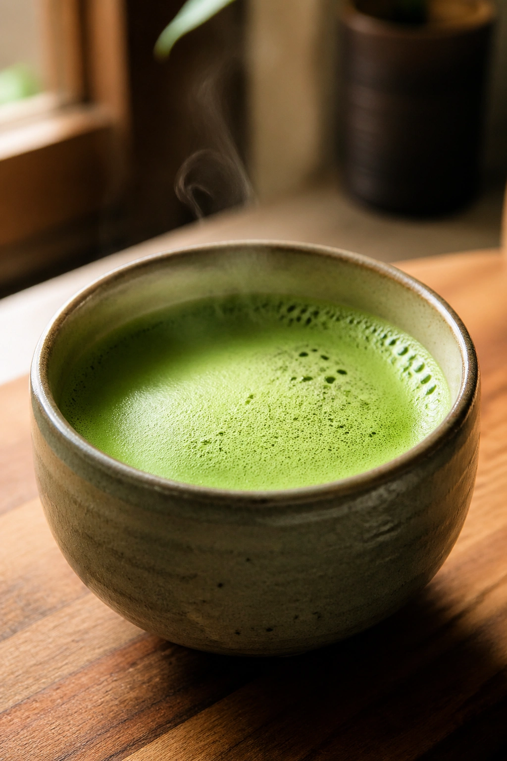 Close-up of a vibrant green matcha drink in a ceramic cup on a wooden kitchen counter