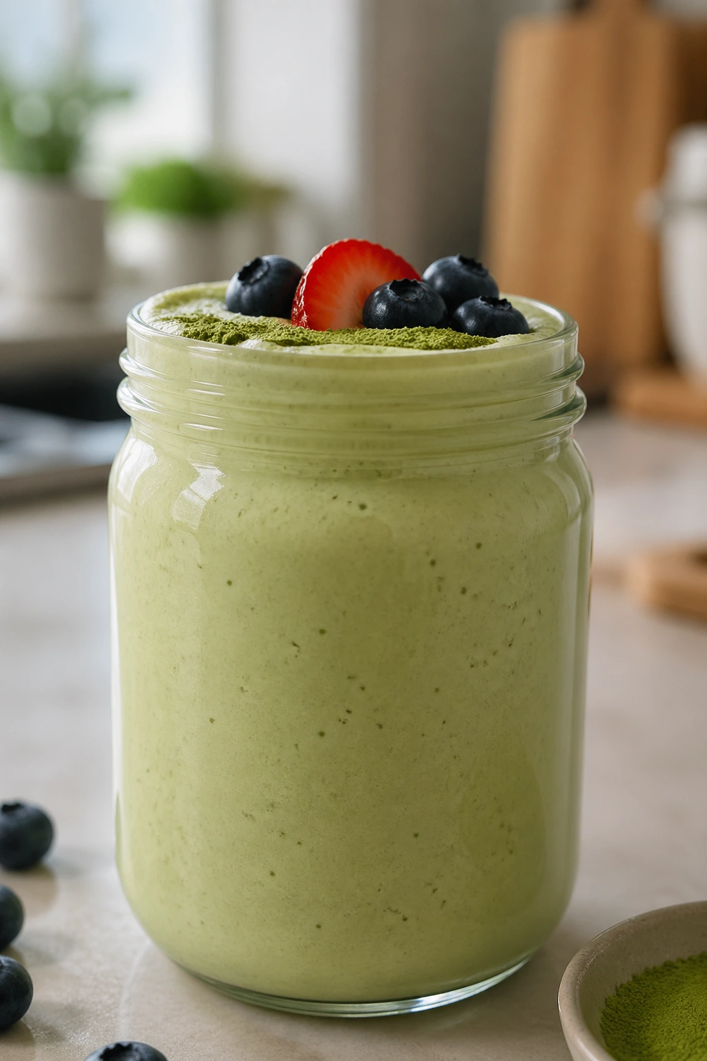 Glass jar of pale green matcha yogurt smoothie.