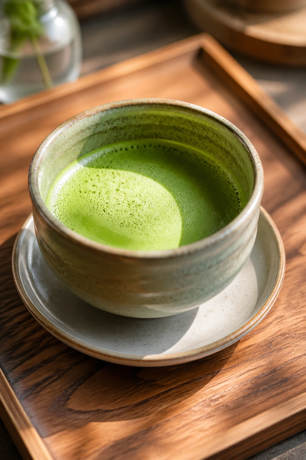 Close-up of bright green matcha drink in a ceramic cup with soft morning light