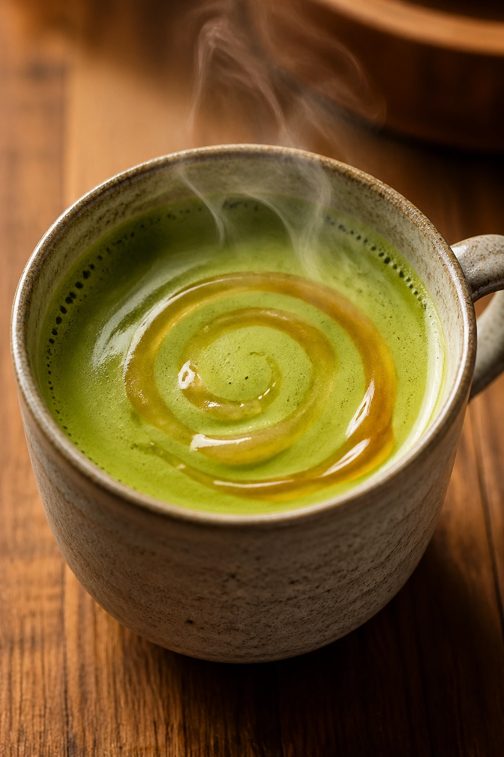 Cup of matcha with honey swirl on a warm wooden table