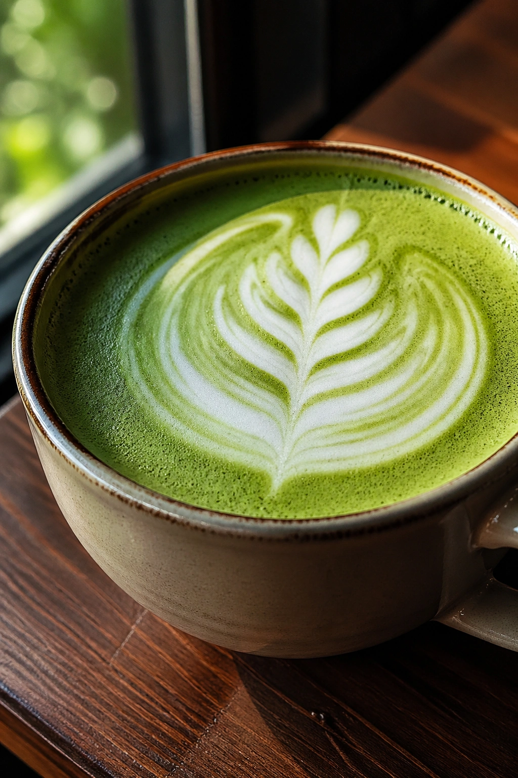 Close-up of matcha latte in a ceramic cup with frothy top