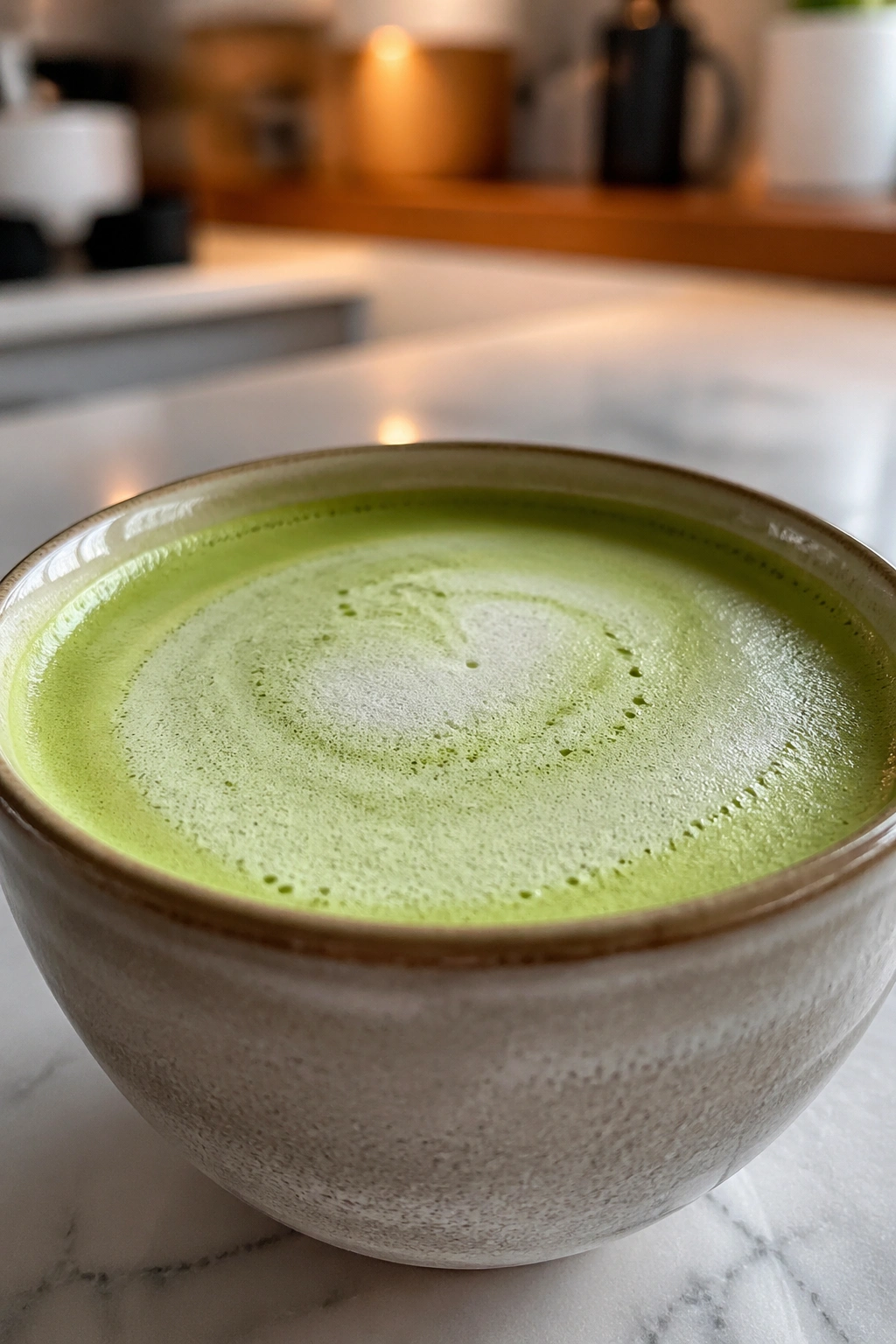 Close-up of a matcha latte with light foam in a cup