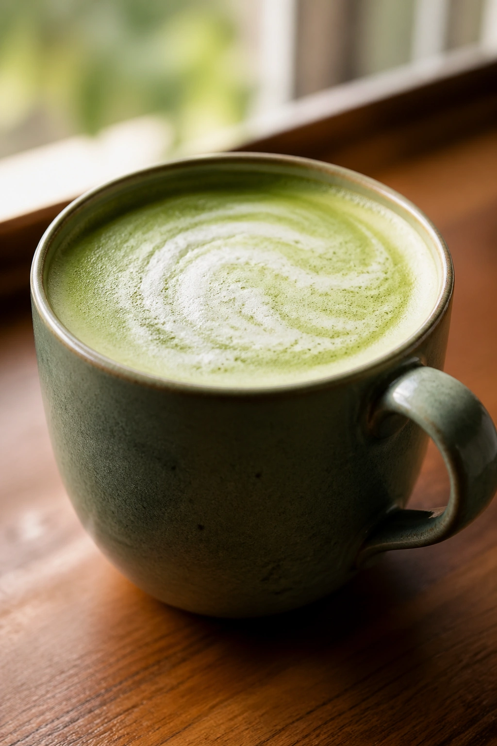 Emerald green Matcha Latte in a mug by a window