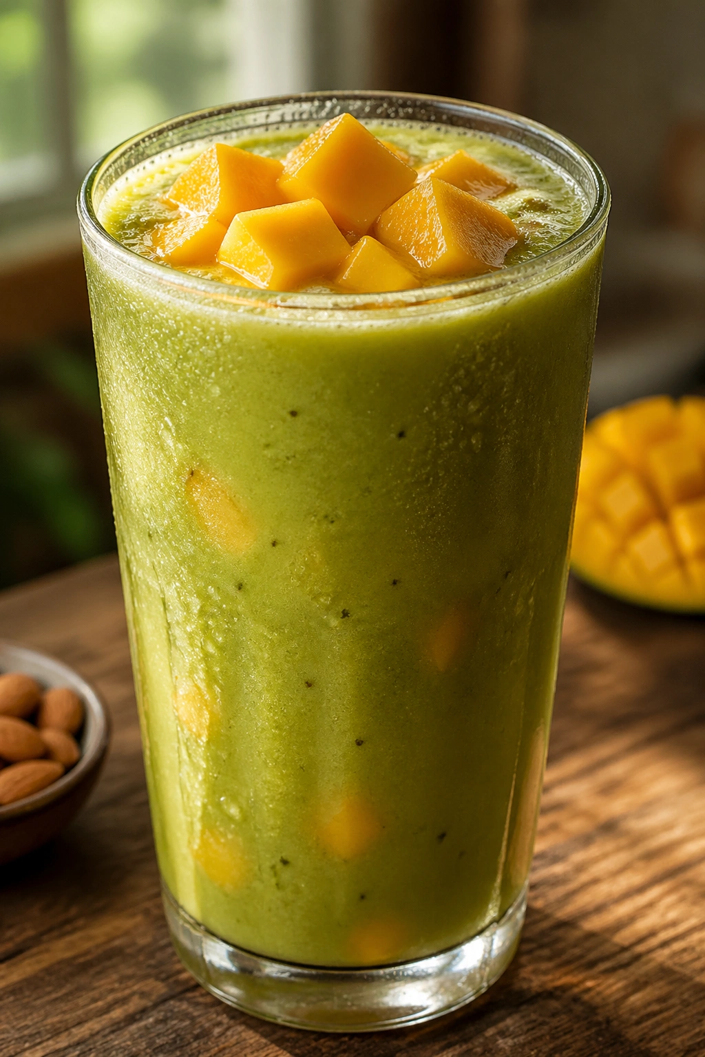 Close-up of a glass with matcha mango almond drink showing green color and mango pieces