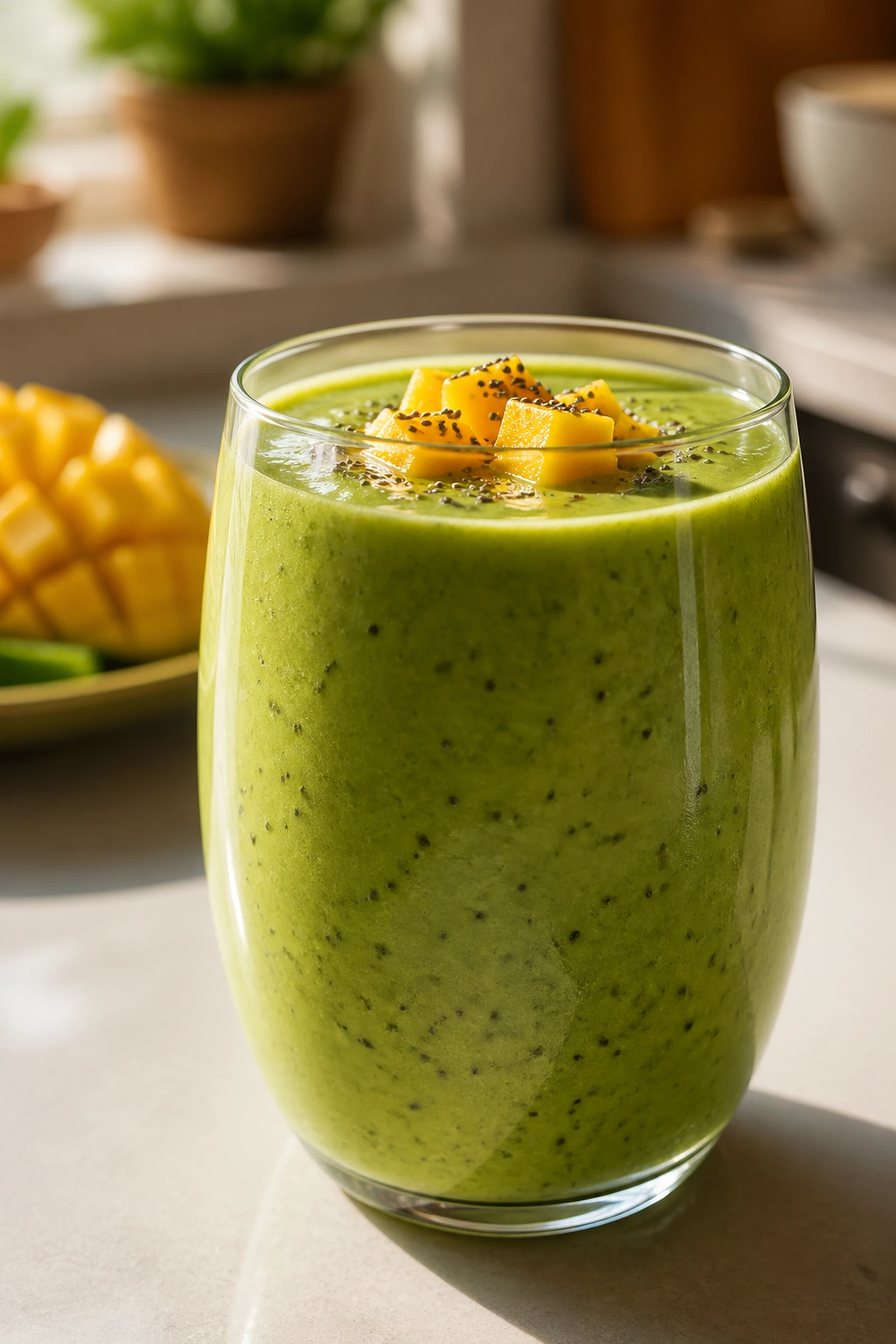 Matcha Mango Chia Smoothie in a glass on a kitchen counter
