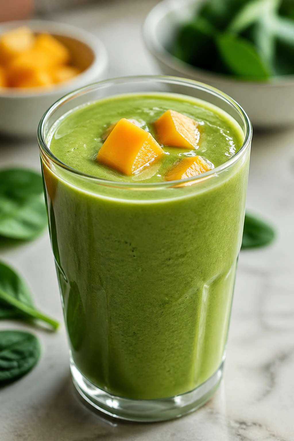 Close-up of matcha mango spinach smoothie in glass on kitchen counter