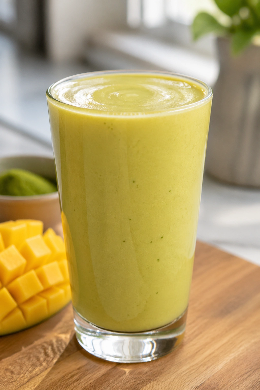 Close-up of a glass of Matcha Mango Soy Shake in a sunlit kitchen