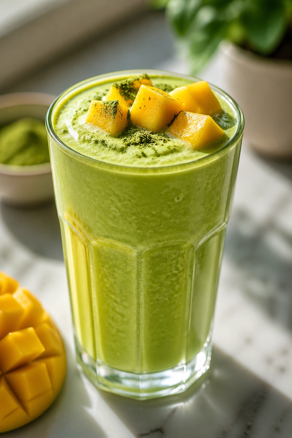 Close-up of matcha mango yogurt smoothie in a glass on a bright kitchen counter