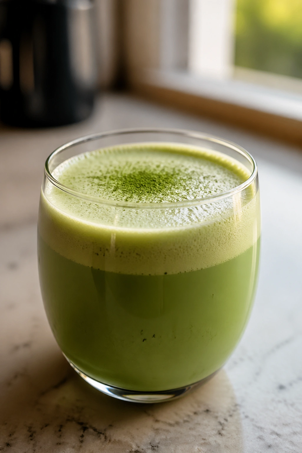 Close-up of a glass cup of matcha oat milk latte with foam.