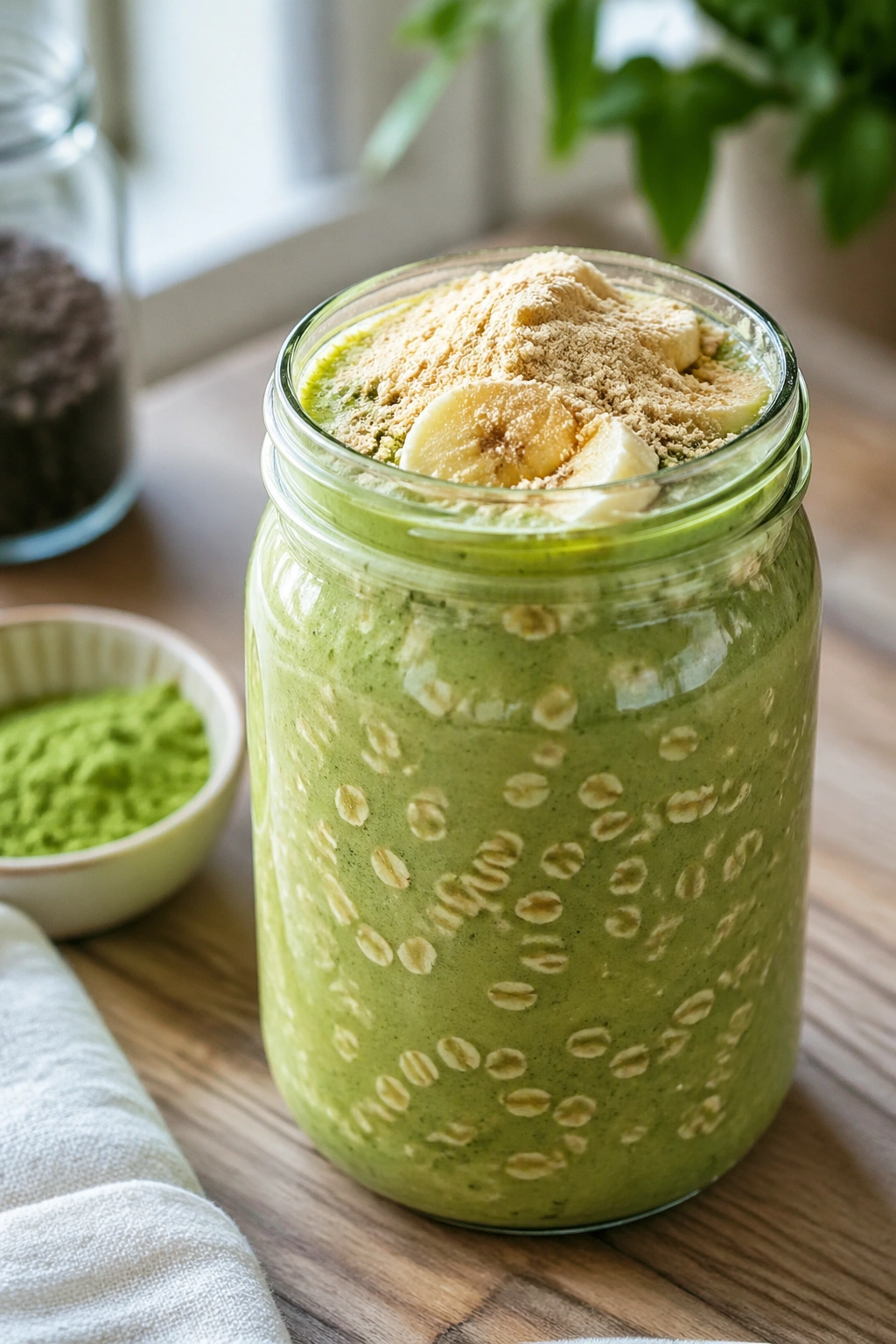 Close-up of Matcha Oat Breakfast Shake in a glass jar with oats and banana