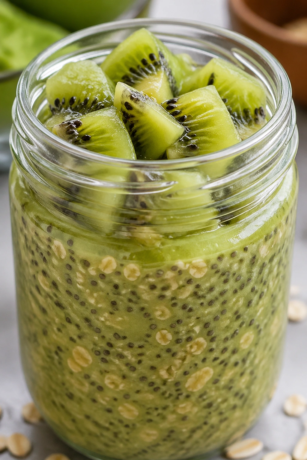 Close-up of matcha kiwi chia oats in a jar with kiwi on top