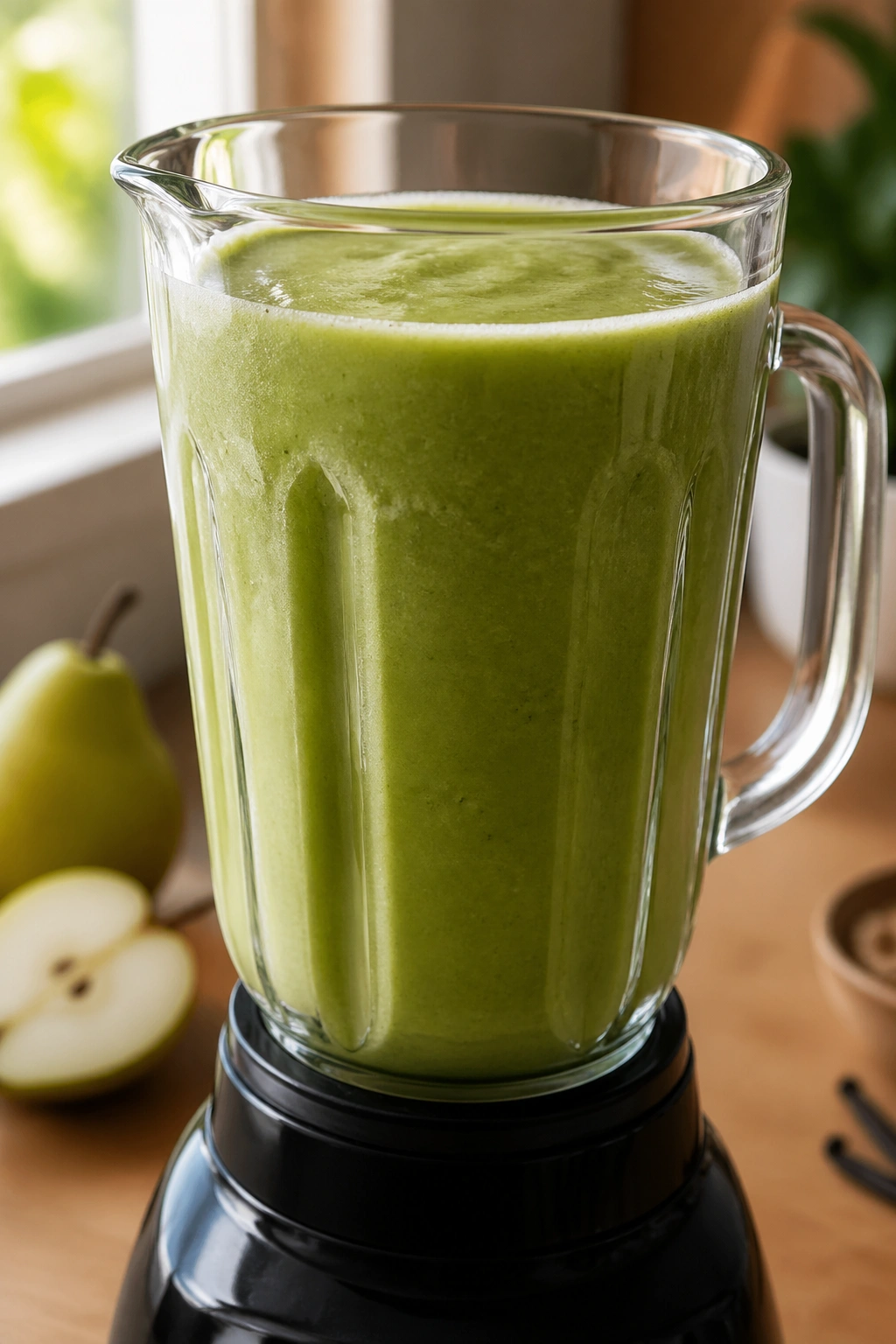 Close-up of a blender with a bright green smoothie on a kitchen counter
