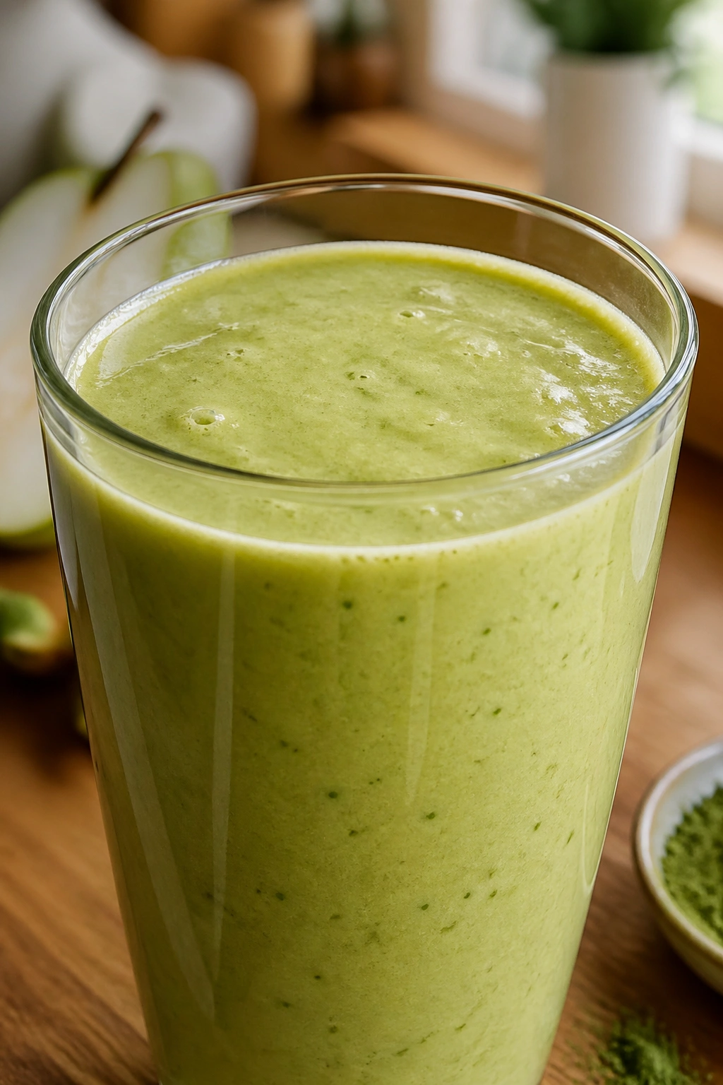 Close-up of Matcha Pear Protein Smoothie in glass on kitchen counter