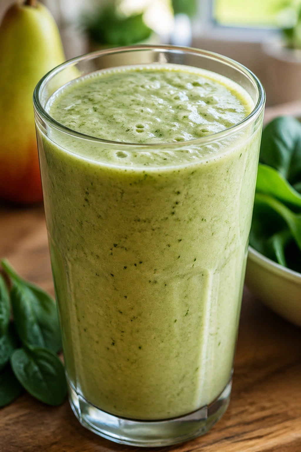 Close-up of matcha pear spinach shake in a glass on a kitchen counter with natural light