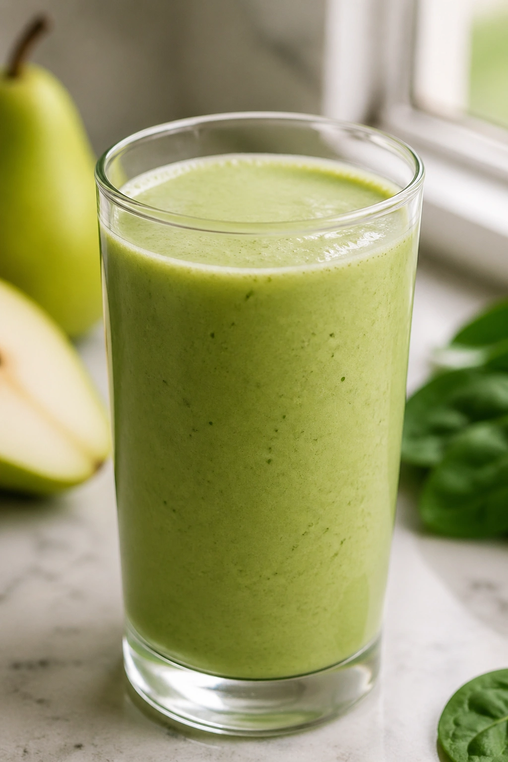 Glass of Matcha Pear Spinach Smoothie in a light kitchen