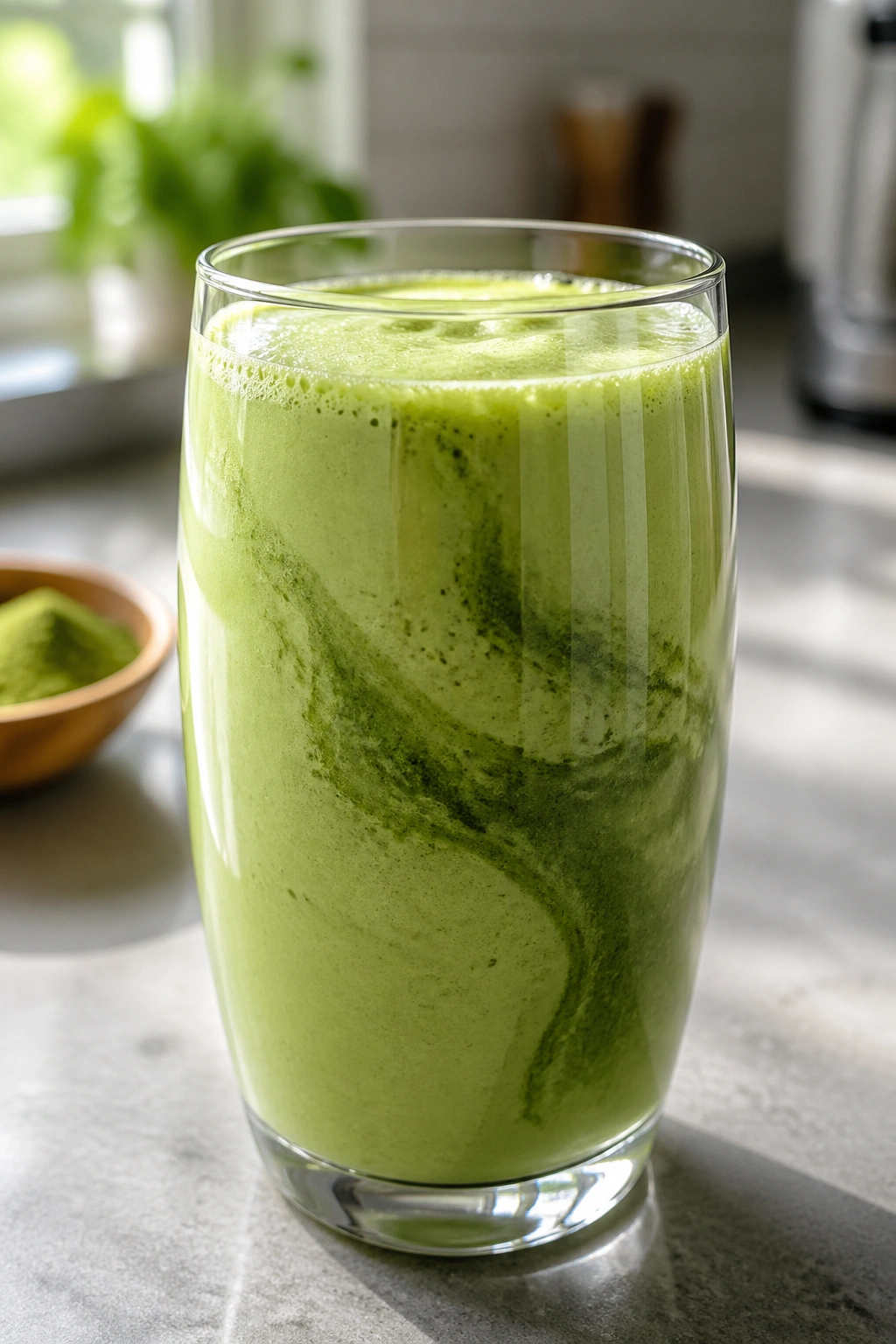 Close-up of Matcha Green Tea Fuel smoothie in a glass with a frothy green surface.