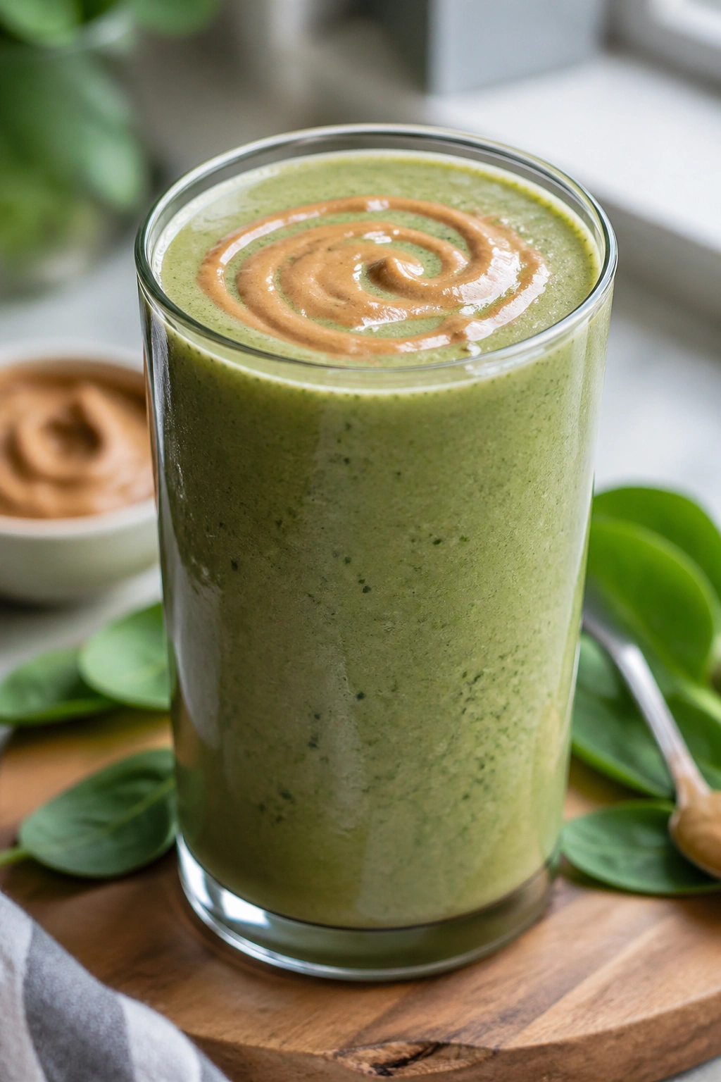 Matcha spinach smoothie with peanut butter in glass
