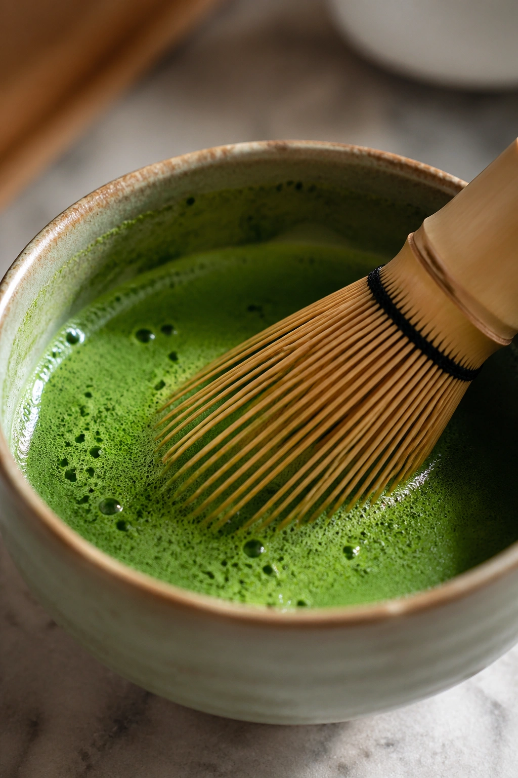 Close-up of vibrant matcha in a bowl with a bamboo whisk, on a kitchen counter
