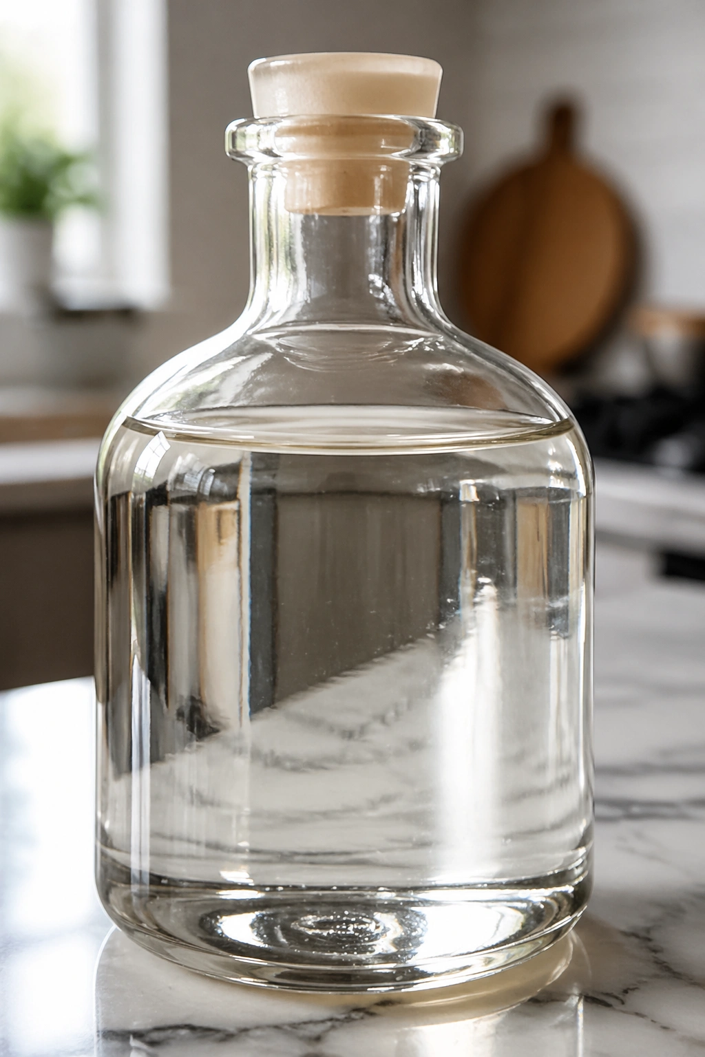 Close-up of an unlabeled MCT oil bottle on a kitchen counter