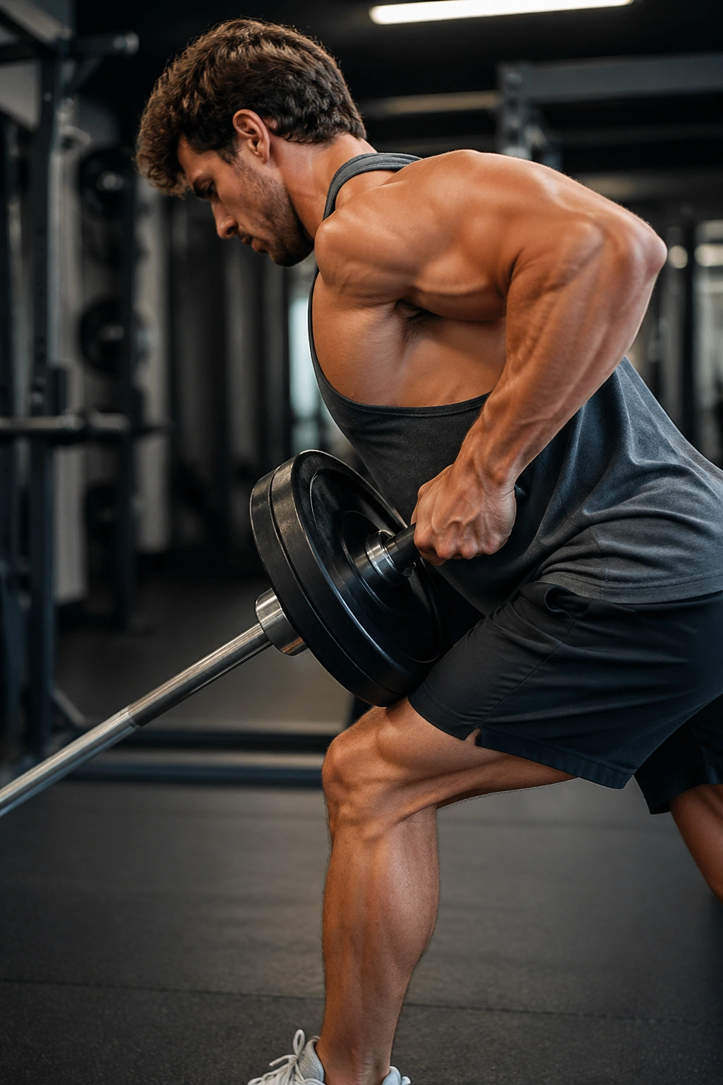 Close-up side view of a lifter performing Meadows rows to thicken lats in a gym