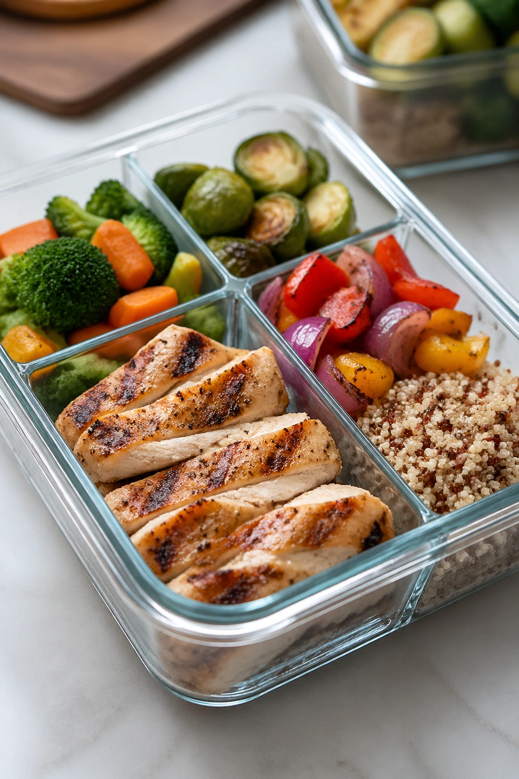 Close-up of a chicken and veggie batch-prep box with proteins and vegetables.