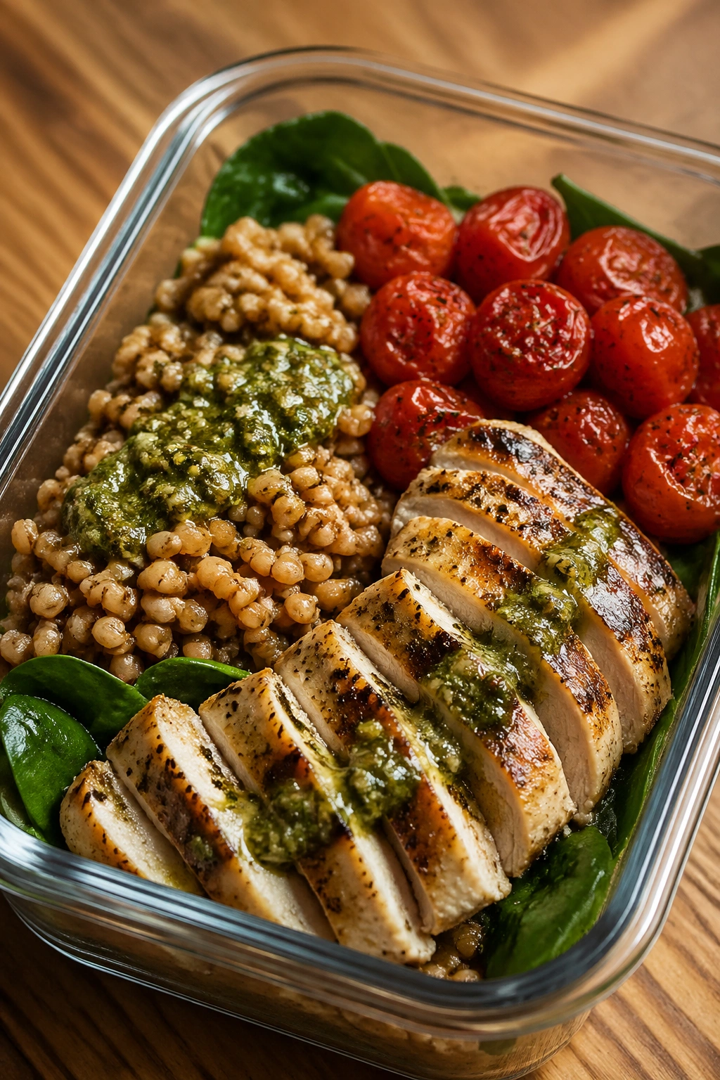 Close-up of a chicken pesto farro meal prep box opened to reveal ingredients