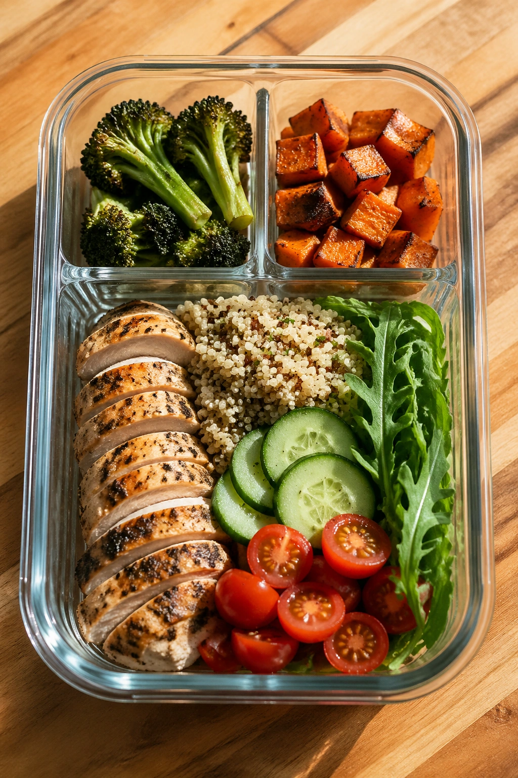 Meal-prep container with colorful components on a wooden counter