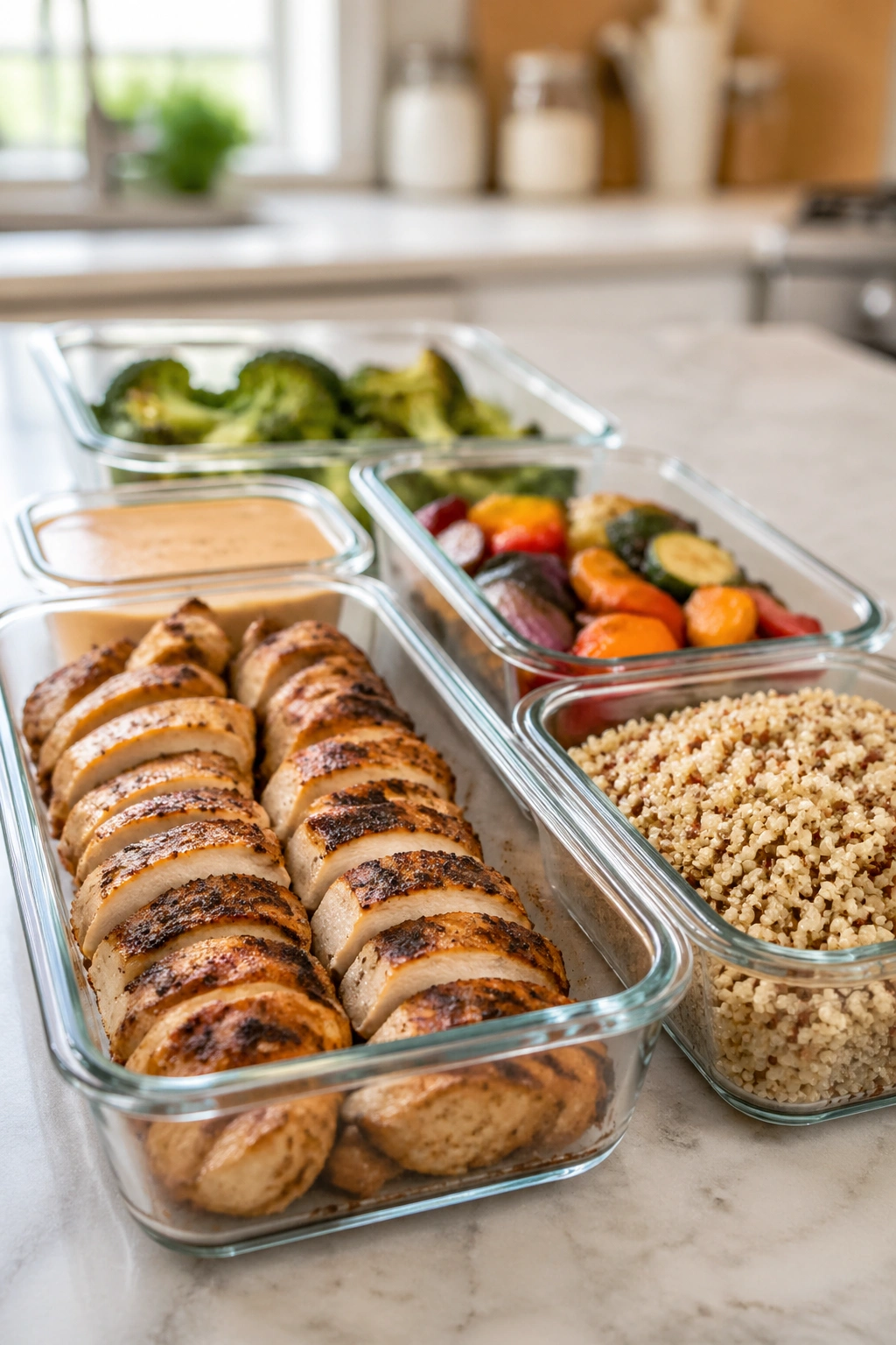 Meal prep containers with chicken, vegetables, and grains on a bright kitchen counter