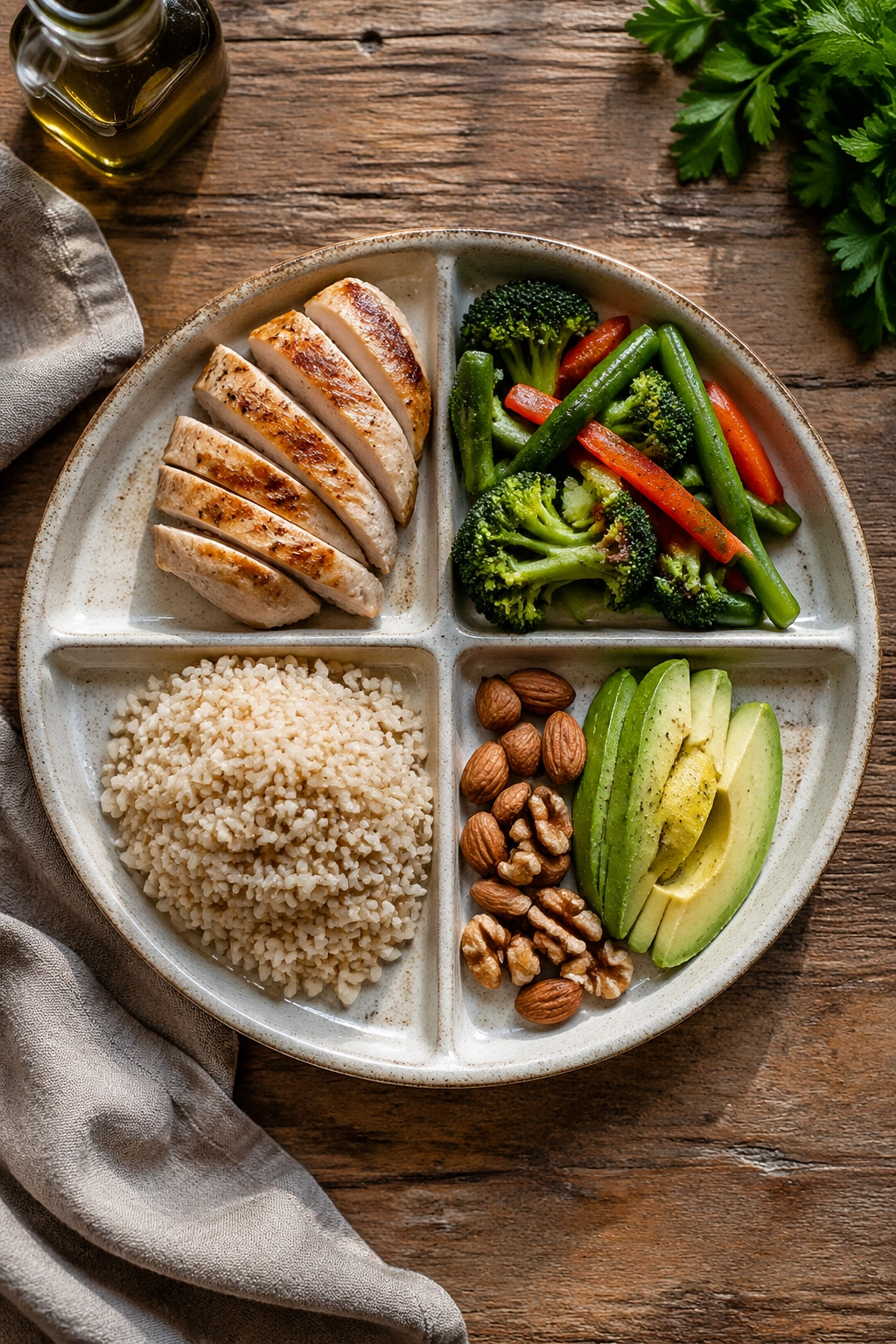 Top-down plate showing protein, vegetables, carbs, and fat portions