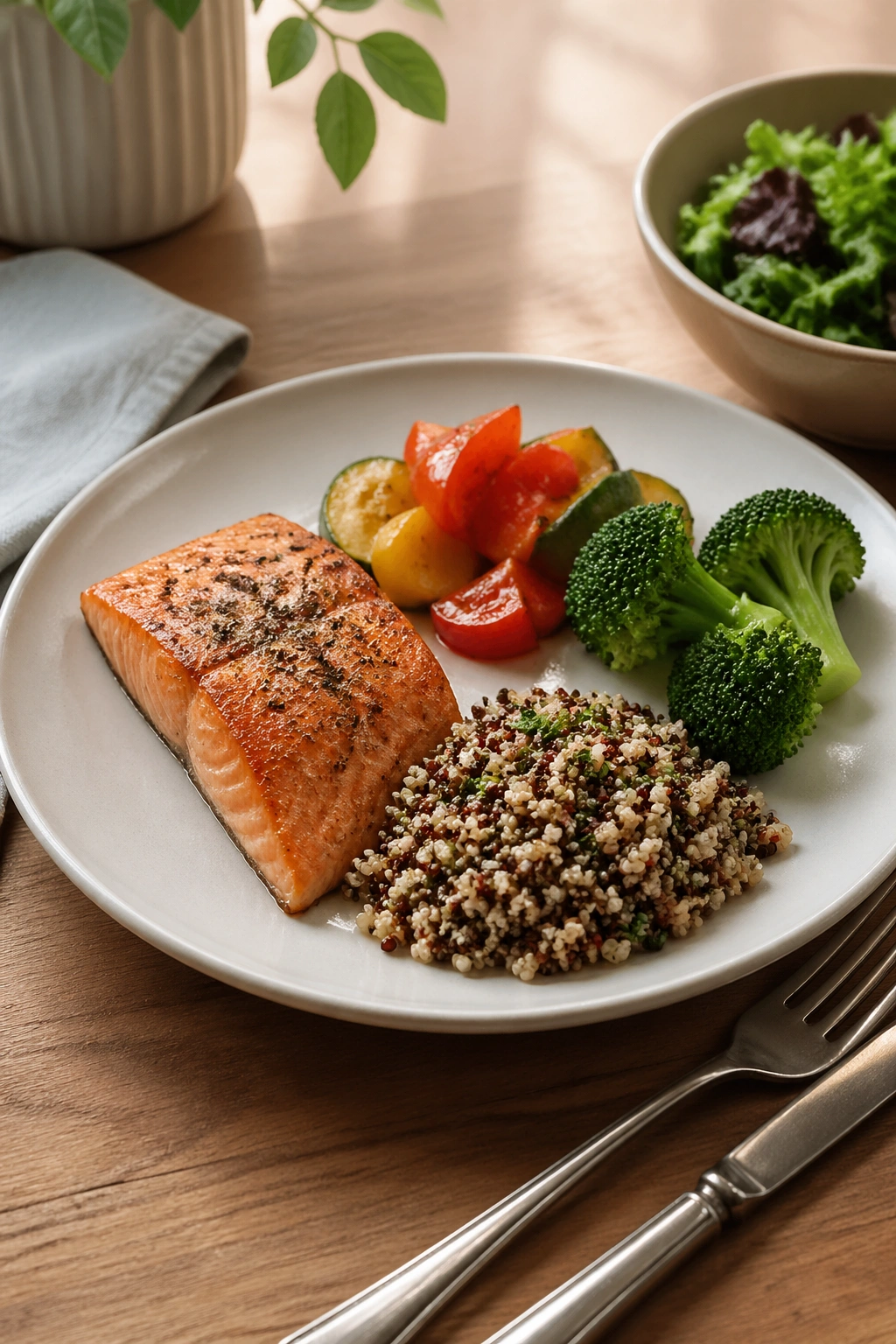 Plate of food on a tidy table suggesting regular mealtimes