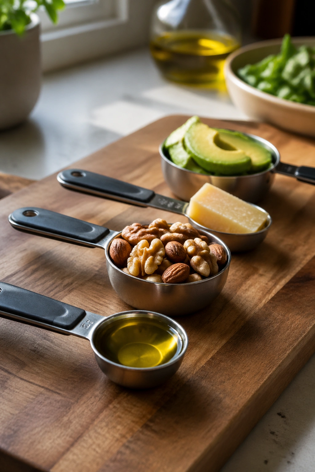 Close-up of measuring spoons with oil, nuts, cheese, and avocado on a wooden board