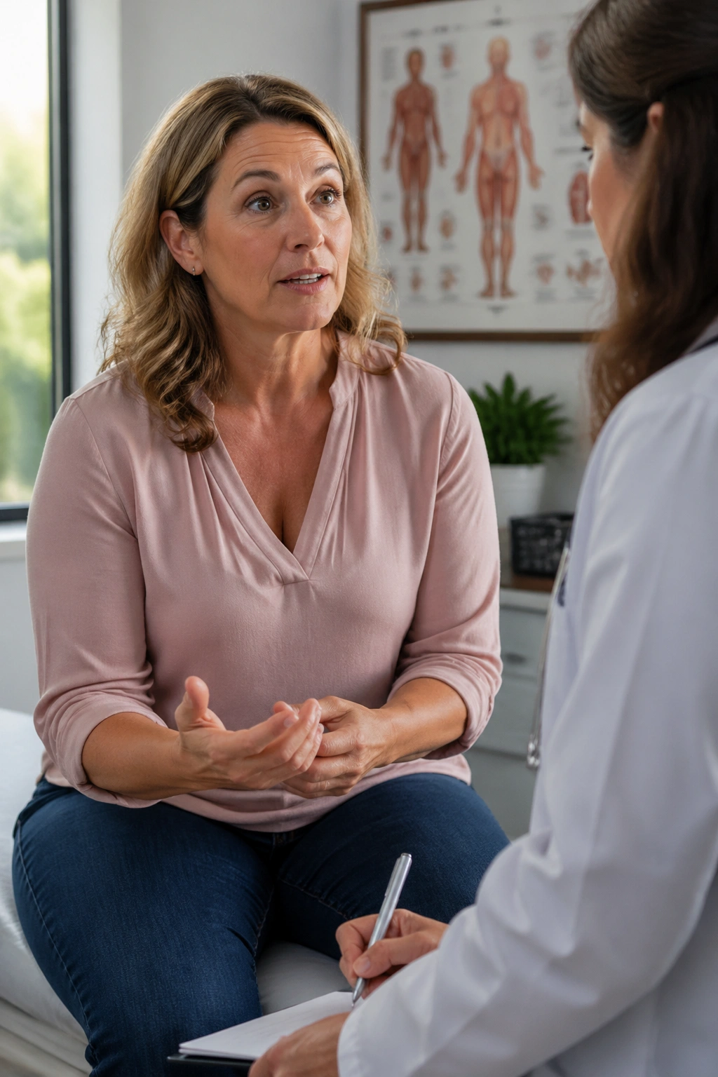 Close-up of a patient discussing medications and hormones with a doctor in a clinical consult